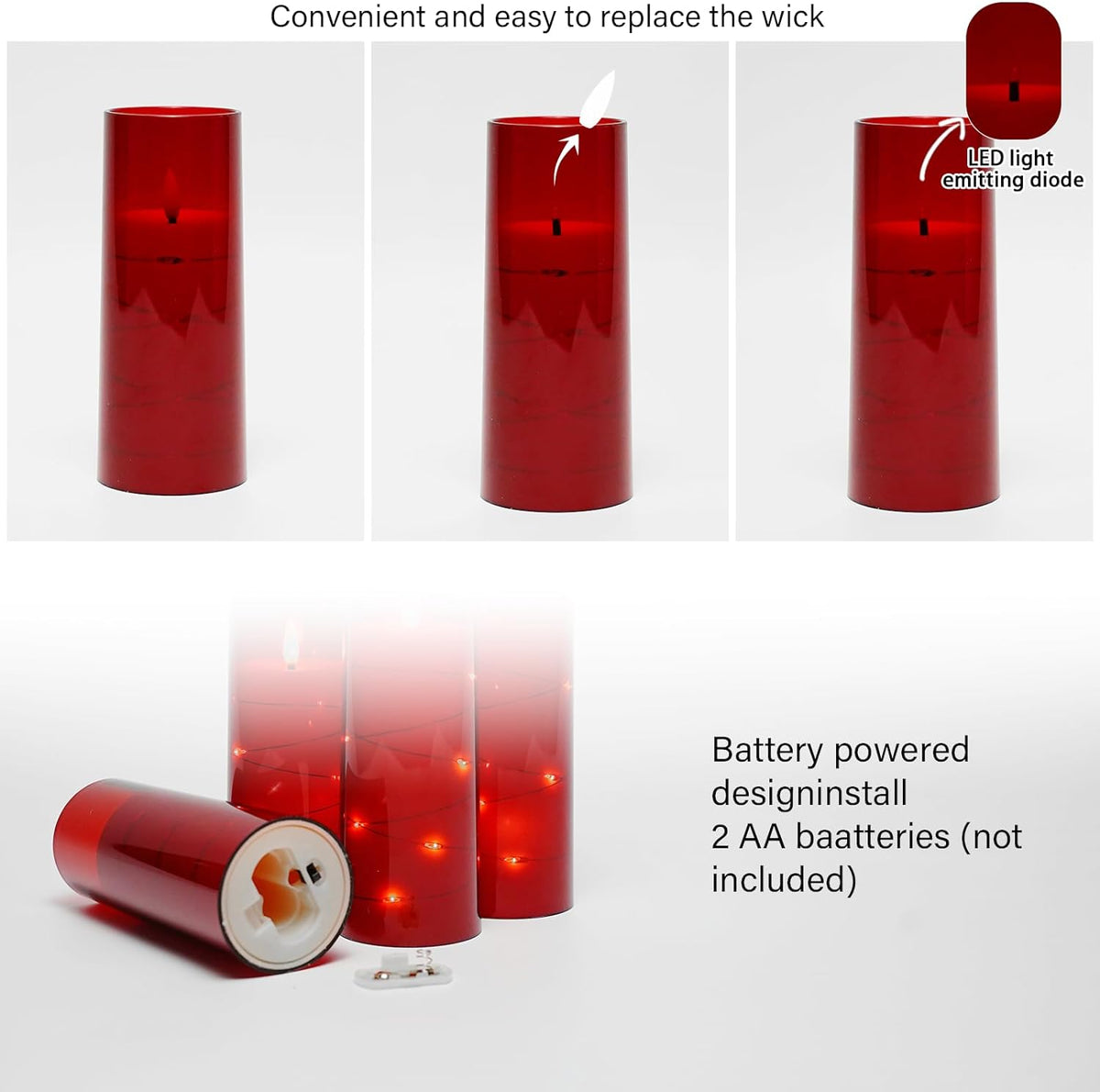 Flameless LED Candles with Timer 5 Pc Flickering Flameless Candles for Romantic Ambiance and Home Decoration Stable Acrylic Shell,with Embedded Star String，Battery Operated Candles（Red）