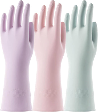 COOLJOB 3 Pairs Colorful Household Gloves with Cotton Liner & Non-slip Grip, Water Resistant Reusable Dish Washing Rubber Gloves for Kitchen & Bathroom Cleaning, Small