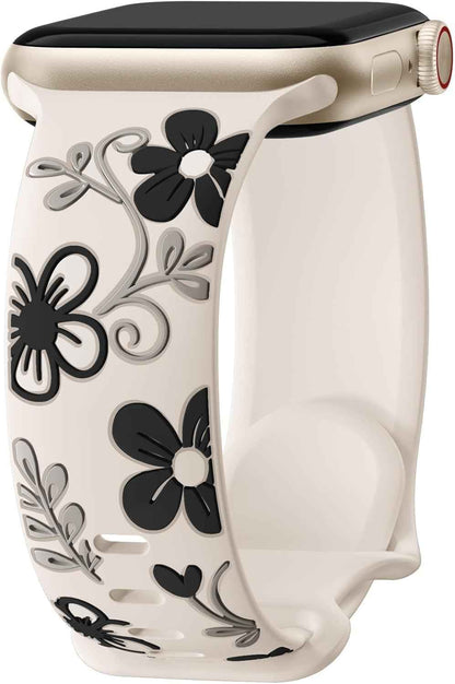 Witzon Floral Band Compatible with Apple Watch Bands For Women 40mm 41mm 38mm 42mm 44mm 45mm 46mm 49mm, Engraved Cute Flower Silicone Dressy Strap for iWatch Series 11 10 9 8 7 6 5 4 3 2 SE Ultra