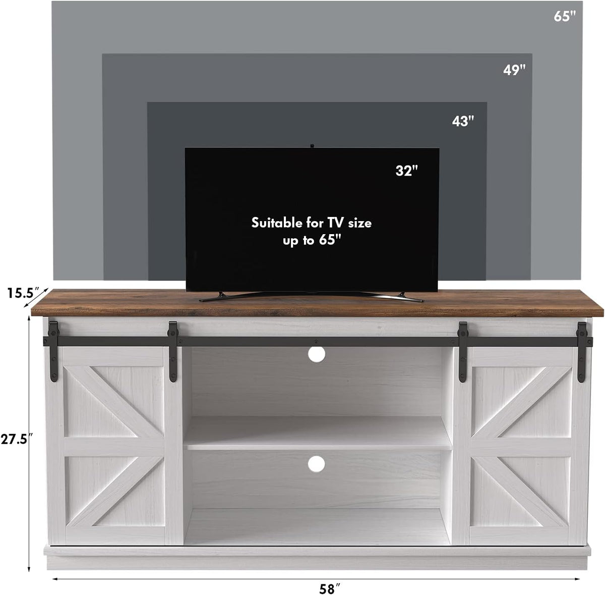 JUMMICO TV Stand for 65 Inch TV, Entertainment Center with Storage Cabinets and Sliding Barn Doors, Mid Century Modern Media TV Console Table for Living Room Bedroom (Bright White)