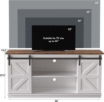 JUMMICO TV Stand for 65 Inch TV, Entertainment Center with Storage Cabinets and Sliding Barn Doors, Mid Century Modern Media TV Console Table for Living Room Bedroom (Bright White)