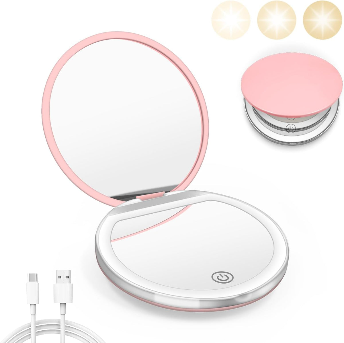 Compact Mirror with Light, 1X/3X Magnification LED Pocket Mirror with USB Data Cable,Mini Mirror for Purse, Pocket,Travel and Present (Pink)