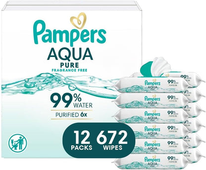 Pampers Baby Wipes Aqua Pure, 99% water-based wipes, Hypoallergenic and Unscented Baby Wipes, 672 Wipes Total (12 Flip-Top Packs)