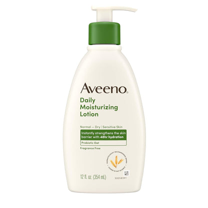 Aveeno Daily Moisturizing Body Lotion with Soothing Prebiotic Oat, Gentle Lotion Nourishes Dry Skin With Moisture, Paraben-, Dye- & Fragrance-Free, Non-Greasy & Non-Comedogenic, 12 fl. Oz