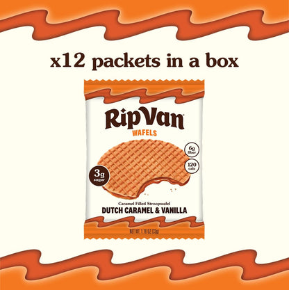 Rip Van Wafels Dutch Caramel & Vanilla Stroopwafels, Healthy Snacks, Non-GMO, Low Calorie, Low Sugar (3g), Office Snacks, Keto Friendly, 12 Count