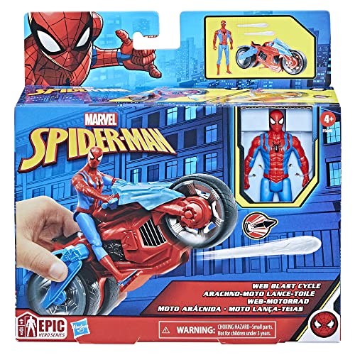 Marvel Spider-Man Web Blast Cycle, 4-Inch Action Figure with Vehicle and 2 Web Projectiles, Kids Playset for Ages 4 and Up