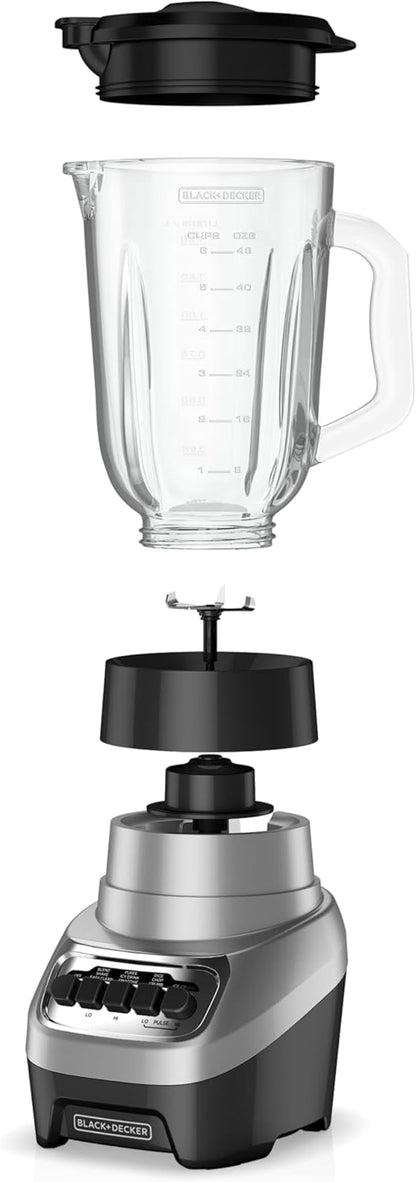 BLACK+DECKER PowerCrush Multi-Function Blender with 6-Cup Glass Jar, 4 Speed Settings, Silver