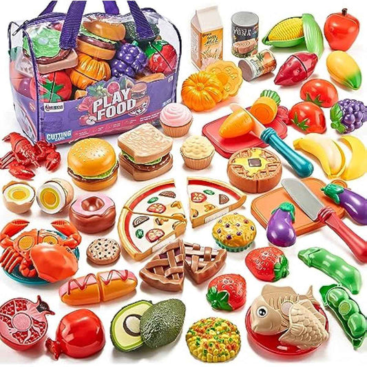 Pretend Play Food for Kids Kitchen, 78Pc Cutting Toy Food with Storage Bag