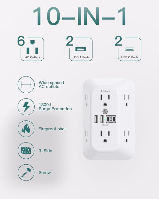Addtam Surge Protector Outlet Extender, 6-Outlet Splitter with 4 USB Wall Charger(2 USB-C Ports), Multi Plug Wall Outlet 1800J Power Strip for Home Office Dorm Room Essentials