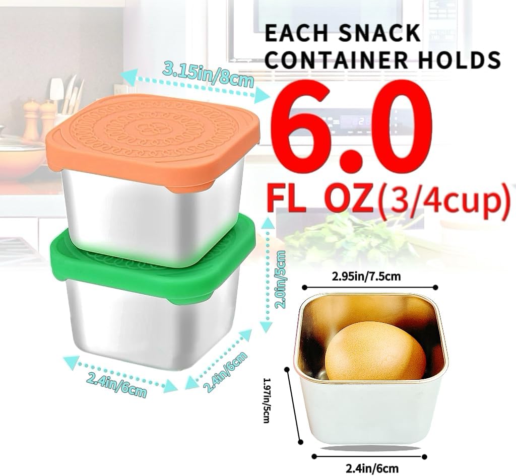 6Pack 6oz Stainless Steel Snack Containers for Kids, Easy Open Leak Proof Metal Toddler Snack Containers with Silicone Lids, Stackable Metal Toddler Lunch Box for Daycare, School and Travel