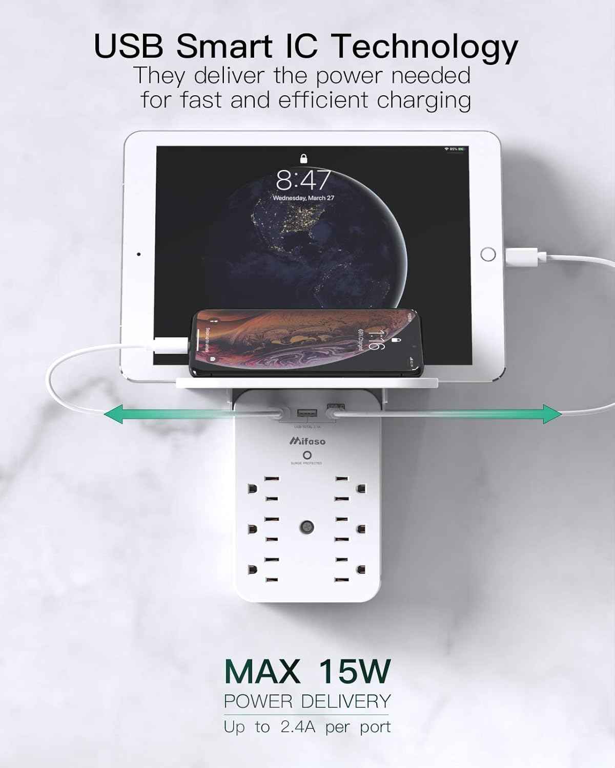 Wall Outlet Extender with Surge Protector, 6 AC Outlets, Shelf, 2 USB & USB C Charging Ports - Home & Dorm Plug Expander