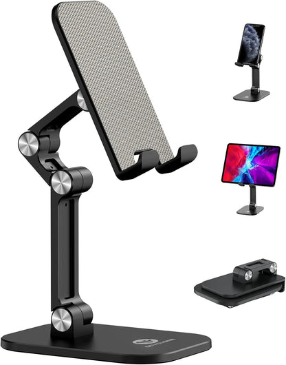 OCYCLONE Phone Stand, Adjustable Height and Angle Foldable Cell Phone Stand Holder for Desk, Taller iPhone Stand Compatible with 4.7"-13" Smartphones iPad Tablet, Black
