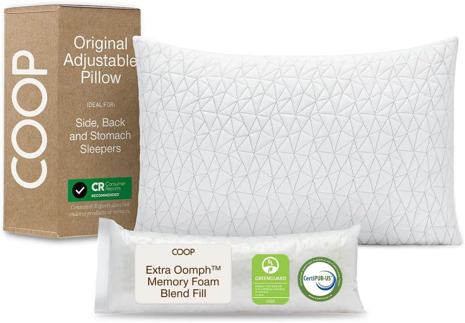 Coop Home Goods Original Adjustable Pillow, Queen Size Bed Pillows for Sleeping, Cross Cut Memory Foam Pillows - Medium Firm Back, Stomach and Side Sleeper Pillow, CertiPUR-US/GREENGUARD Gold