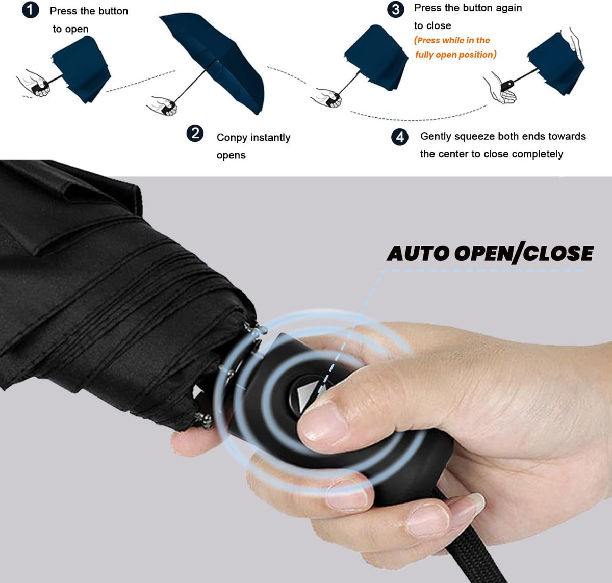 SIEPASA Compact Travel Umbrella - Windproof Auto Open/Close, Small Folding Umbrella for Rain - Lightweight & Durable with Fiberglass Frame, Waterproof Canopy - Fits Backpack, Purse, Suitcase. (Black)