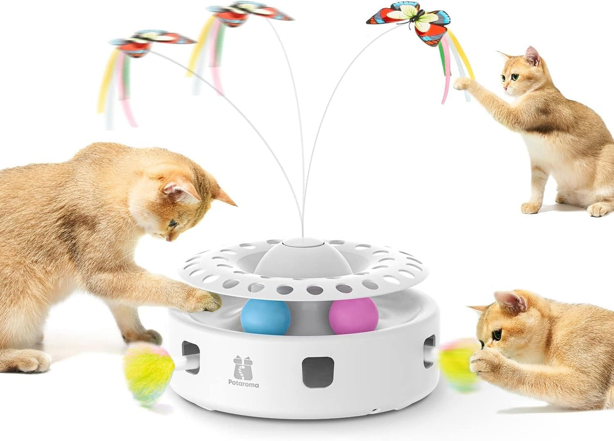 Potaroma Cat Toys 3in1 Automatic Interactive Kitten Toy, Fluttering Butterfly, Moving Feather, Track Balls, Dual Power Supplies, USB Powered, Indoor Exercise Kicker (Bright White)