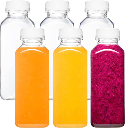 Norcalway Plastic Juice Bottles with Caps, Reusable Juicing Bottles, Clear Drink Containers with Lids for Juicing, Smoothie and Other Beverages - 12oz 6pcs