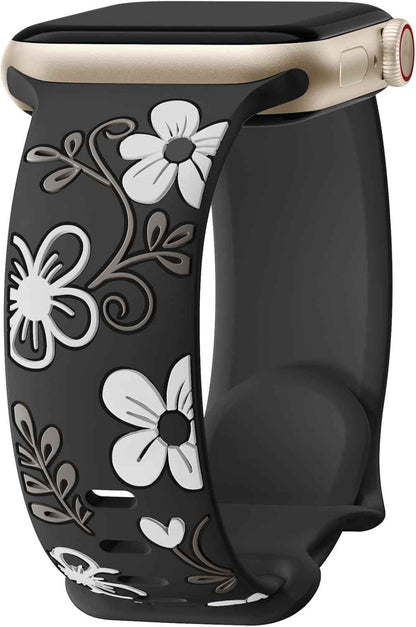 Witzon Floral Band Compatible with Apple Watch Bands For Women 40mm 41mm 38mm 42mm 44mm 45mm 46mm 49mm, Engraved Cute Flower Silicone Dressy Strap for iWatch Series 11 10 9 8 7 6 5 4 3 2 SE Ultra