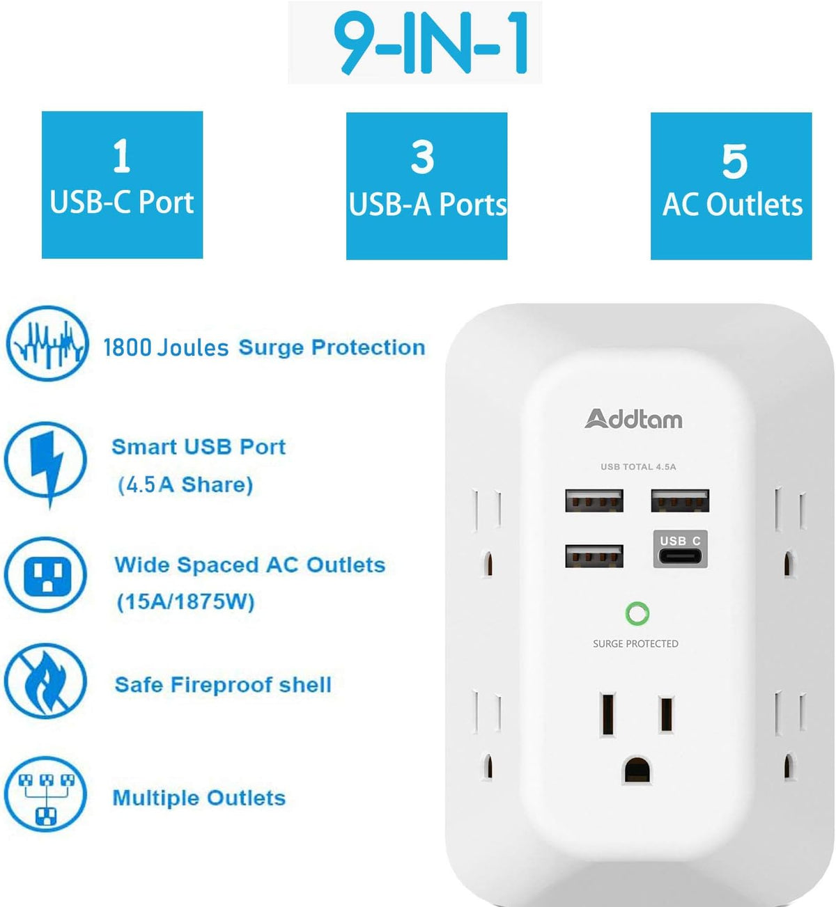 Addtam Surge Protector 5 Outlet Extender with 4 USB Ports & USB C