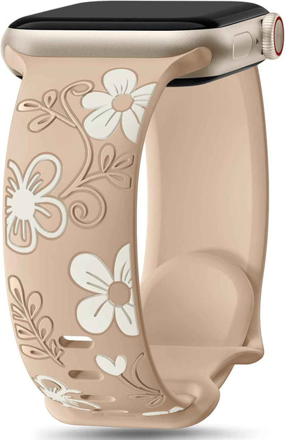Witzon Floral Band Compatible with Apple Watch Bands For Women 40mm 41mm 38mm 42mm 44mm 45mm 46mm 49mm, Engraved Cute Flower Silicone Dressy Strap for iWatch Series 11 10 9 8 7 6 5 4 3 2 SE Ultra