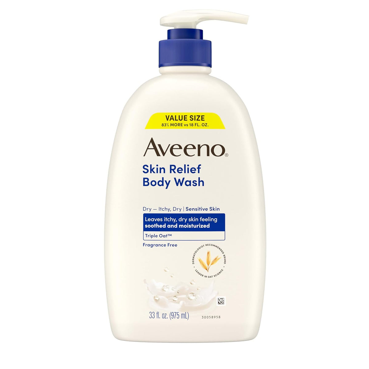 Aveeno Skin Relief Fragrance-Free Body Wash with Triple Oat® Complex, Gentle Daily Cleanser for Sensitive Skin Leaves Itchy, Dry Skin Feeling Soothed & Moisturized, 33 fl. oz