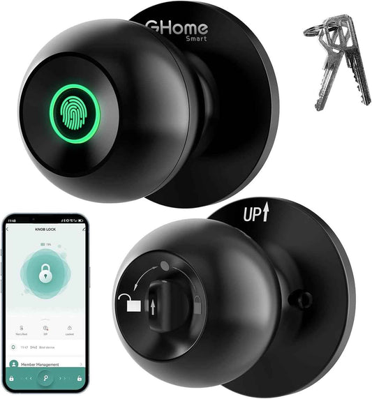 GHome Smart Fingerprint Door Lock, 3 in 1 Smart Fingerprint Door Knob with App Control & Key, Auto Lock, Biometric Thumbprint Door Locks for Bedroom, Garage, Home & Office