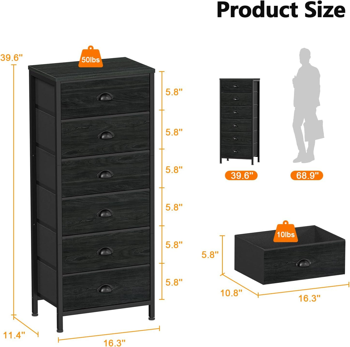 Furnulem Tall Dresser with 6 Drawers,Vertical Bedside End Table & Chest for Bedroom,Black Storage Tower Dorm Nightstand with Fabric Drawer Organizer Unit Furniture in Living Room,Closet,Hallyway