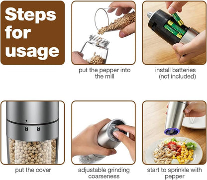 Gravity Electric Salt and Pepper Grinder Set, Adjustable Coarseness, Automatic Shakers Mill Grinder with LED Light, Upgraded Larger Capacity, One Hand Operated (Sliver 2 Pack)