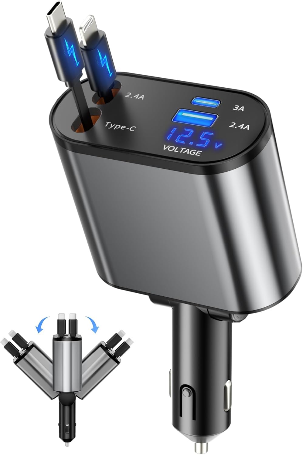Retractable Car Charger, 4 in 1 Fast Charging Car Charger with USB-C & USB-A, Compatible with iPhone 17/16/15/14/13/12/11,Galaxy,Pixel, Car Accessories for Men Women Drivers
