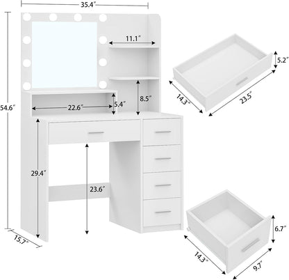 Quimoo Vanity Desk with Mirror & Lights, Makeup Vanity with 5 Drawers & Storage Shelves, White Vanity Table, 3 Color Modes & Adjustable Brightness, Dressing Table, Bedroom