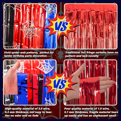 Bupelo Spider Web Birthday Decorations, 2 Pack Spider Party Supplies 3.3x6.6ft Tinsel Foil Fringe Curtains, Red Black, and Blue Photo Booth Prop Backdrop Streamer, Birthday Decor, Party Decor for Boys