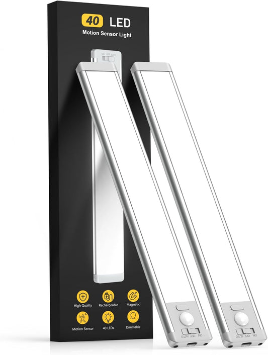 10inch Under Cabinet Lighting, 2 Pack Rechargeable Motion Sensor Light Indoor, 5 Levels Dimmable Magnetic Closet Lights, Wireless Under Counter Lights for Kitchen, Stairs
