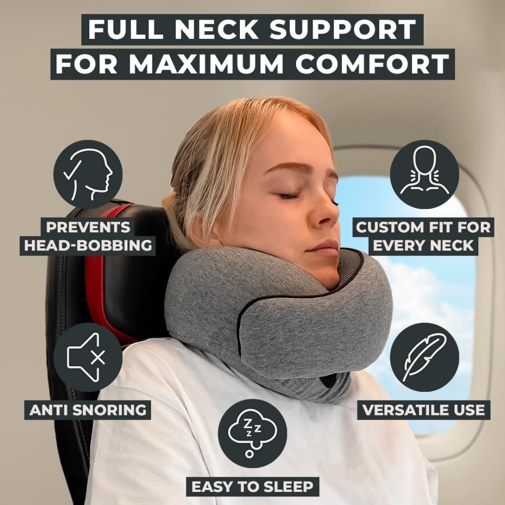 FlyHugz® Neck Travel Pillow | Memory Foam Neck Pillow for Comfort on Airplane | Compact and Ergonomic Design for Travel, Car Rides, and Home Use | Ideal for Adults and Kids