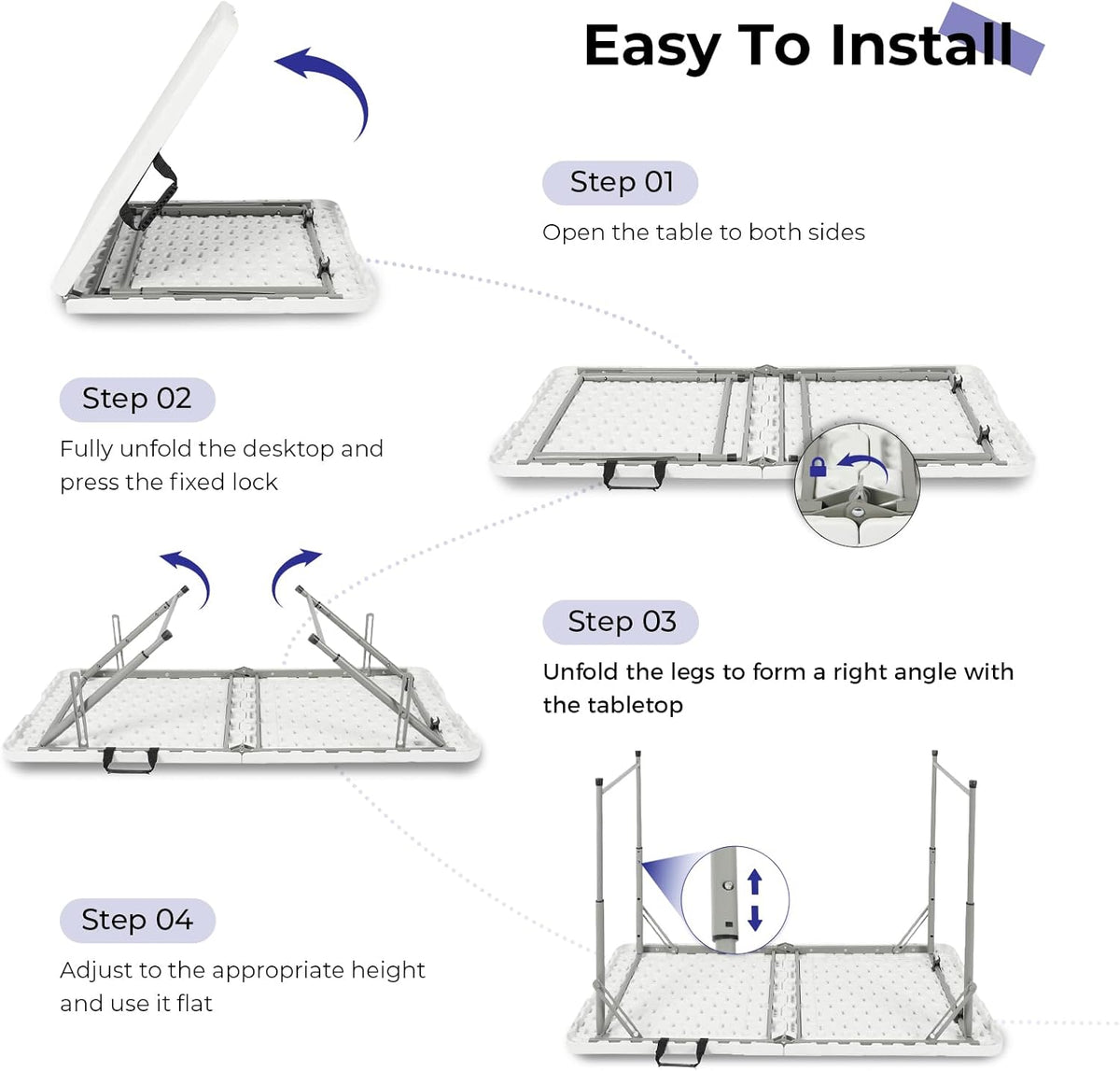 Folding Table 4 Foot Portable Heavy Duty Plastic Fold-in-Half Utility Table Small Indoor Outdoor Adjustable Height Folding with Carrying Handle, Camping and Party,White