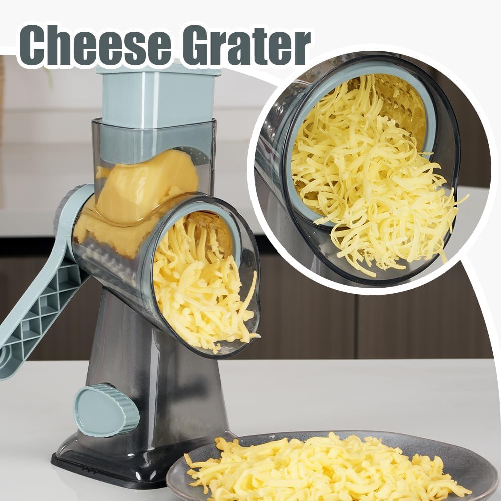 KEOUKE Rotary Cheese Grater Hand Crank Transparent - Shredder Slicer Grinder 3 Stainless Steel Blades, Stable Suction, Labor-Saving Handle, Safe Kitchen Tool for Cheese, Vegetable, Nuts, Chocolate
