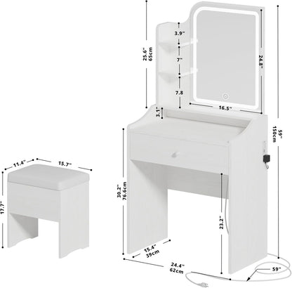 LIKIMIO Small Makeup Vanity Desk with Mirror and Lights, Vanity Table Set with Storage Drawer, Chair and Three Shelves, Bedroom, White