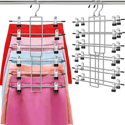 Pants Hangers with Clips,Space Saving Hanging Closet Organizer-6 Tiers Skirt Hangers with 360° Swivel Hook,Closet Organizer-Clothes Hangers- College Dorm Essentials Apartment Essentials-2 Pack