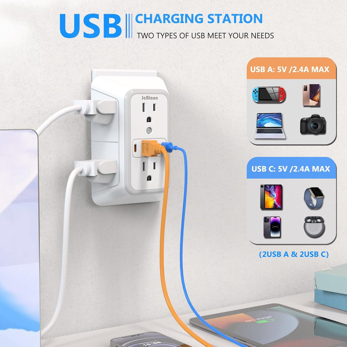Outlet Extender Surge Protector - 6 Outlet Splitter with 4 USB Ports (2 USB C), Multiple Plug Expander Wall Charger, 3 Sided Multi Plug Wall Adapter Power Strip for Home Office Kitchen Travel