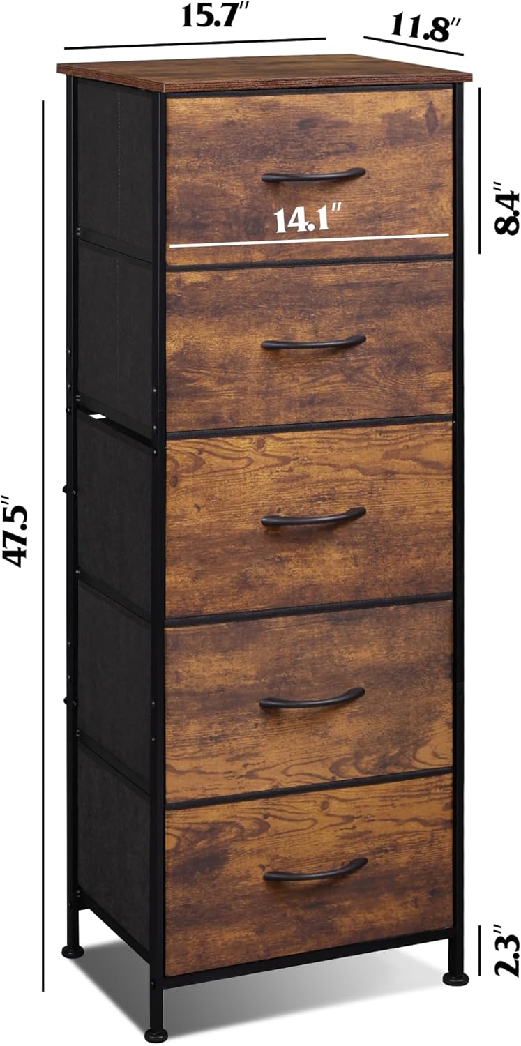 WLIVE Fabric Dresser for Bedroom, 5-Drawer Tall Dressers, Storage Organizer with Fabric Bins, Wood Top, Sturdy Steel Frame, Chest of Drawers for Closet, Hallway, Rustic Brown Wood Grain Print