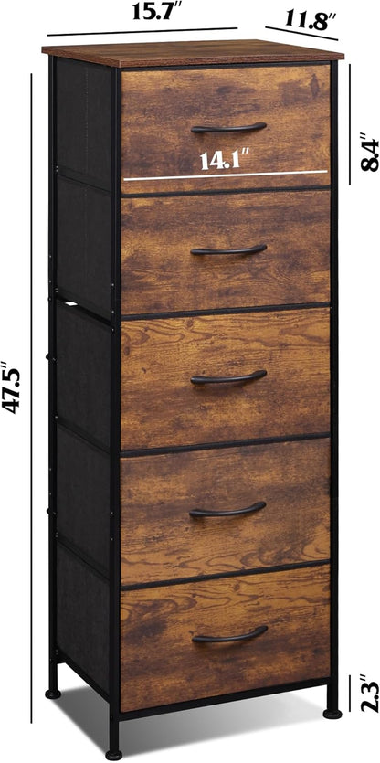 WLIVE Fabric Dresser for Bedroom, 5-Drawer Tall Dressers, Storage Organizer with Fabric Bins, Wood Top, Sturdy Steel Frame, Chest of Drawers for Closet, Hallway, Rustic Brown Wood Grain Print
