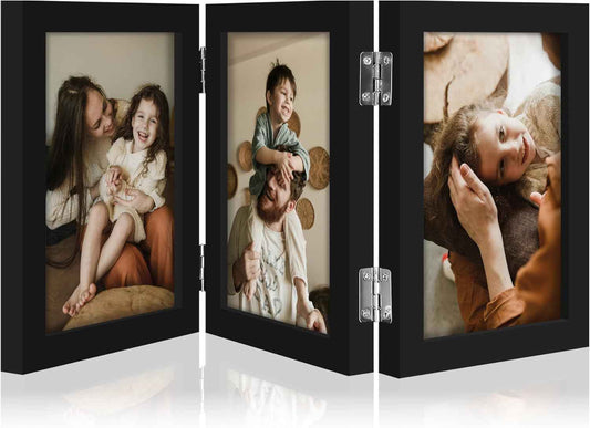 decorUhome Triple 4x6 Picture Frame Vertical, Engineered Wood Trifold Photo Frame with Plexiglass for Tabletop Display, 4x6, Black