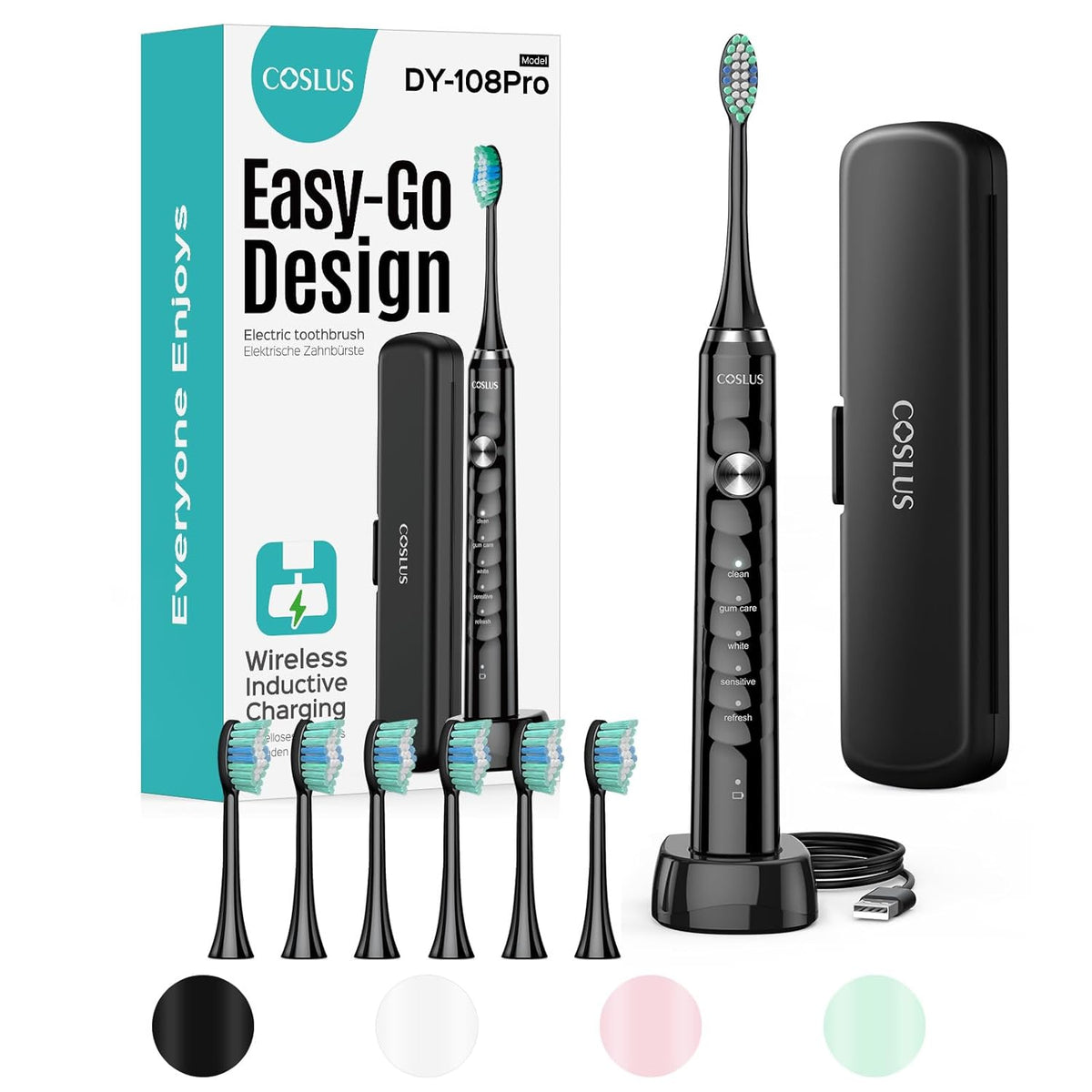 COSLUS Sonic Electric Toothbrush for Adults: 47000 VPM for Deep Cleaning & Whitening with Travel Case - 5 Modes for Sensitive Teeth & Braces, Wireless Charging, 6 Brush Heads for Home Family, Black