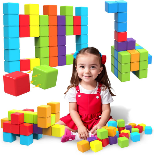 Magnetic Building Blocks, 1.65 inch Large Magnetic Stacking Cubes for Toddlers, Sensory & Montessori Toys for Boys & Girls 1 2 3 Years Old (24 PCS)