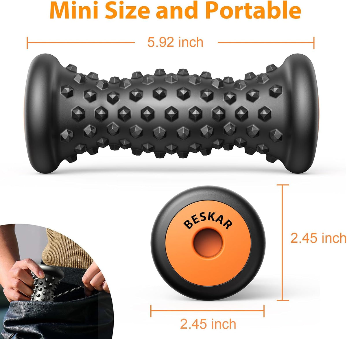 BESKAR Foot Massager Roller for Plantar Fasciitis Relief, Portable, Deep Tissue Muscle Massage, Foot Arch and Heel Pain, Reflexology Tool