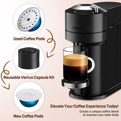 Nessus Reusable Kit for Nespresso Vertuo, Reusable Aluminum Foil Seal Lid, Holder, Brush, 100 Pcs Food-Grade Capsules for Vertuo Plus Next