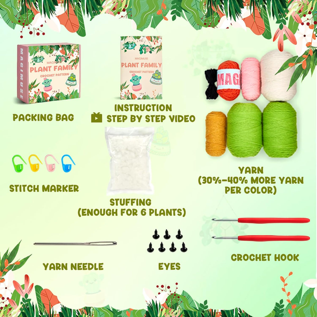 MAGIMUSE Crochet Kit for Beginners, Crochet Starter Kits, Amigurumi Craft Knitting Crocheting Kits with Step-by-Step Video Tutorials, 6 Pack Hanging Potted Plants Family(40%+ Yarn