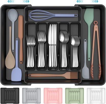 ukeetap Extra Large Expandable Silverware Organizer, BPA-Free Food-Safe Cutlery Flatware Organizer, Kitchen Utensil Drawer Organizer, Adjustable Silverware Holder for Spoons Forks Knives, Black