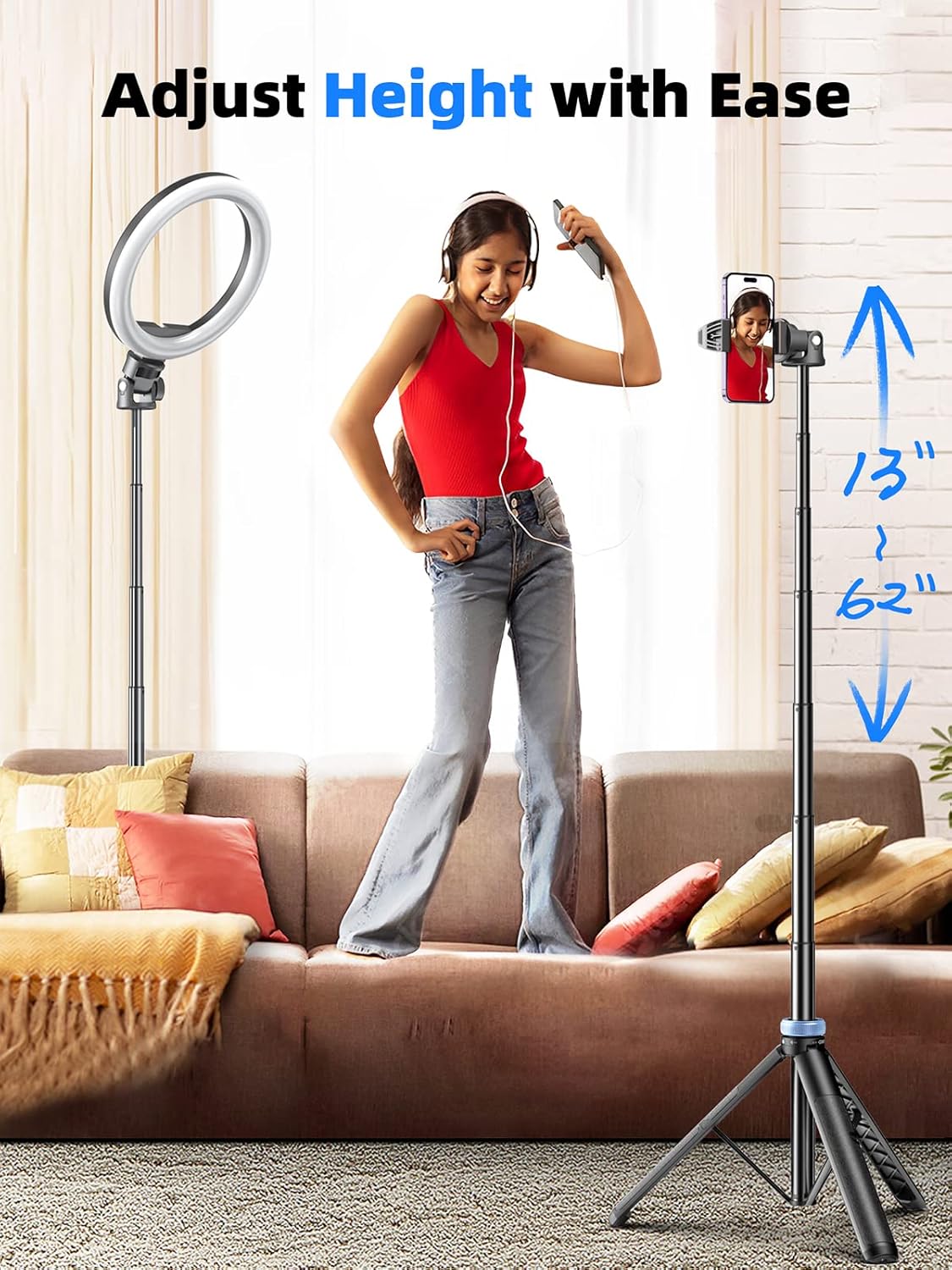 Kaiess 62" Phone Tripod & Selfie Stick, Extendable Photography Light Stand with Wireless Remote, Solidest, Portable, Lightweight, Compatible with iPhone/Android Phone