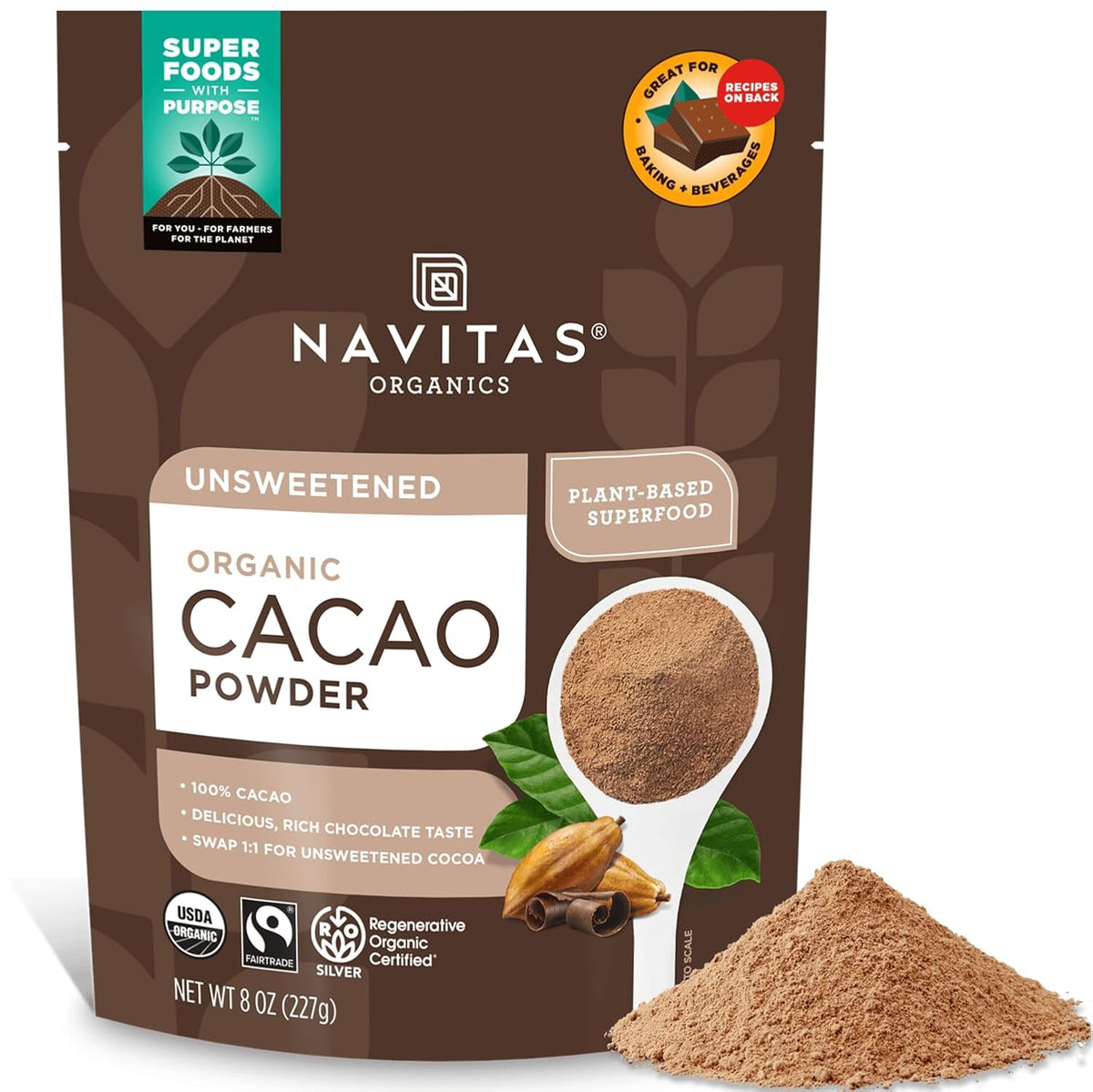Navitas Organics Cacao Powder - Cocoa Powder Substitute 1:1, For Hot Chocolate, Baking & More - Regenerative Organic Certified, Non GMO, Fairtrade, Gluten Free, Non-alkalized (8oz. Bag, 38 Servings)
