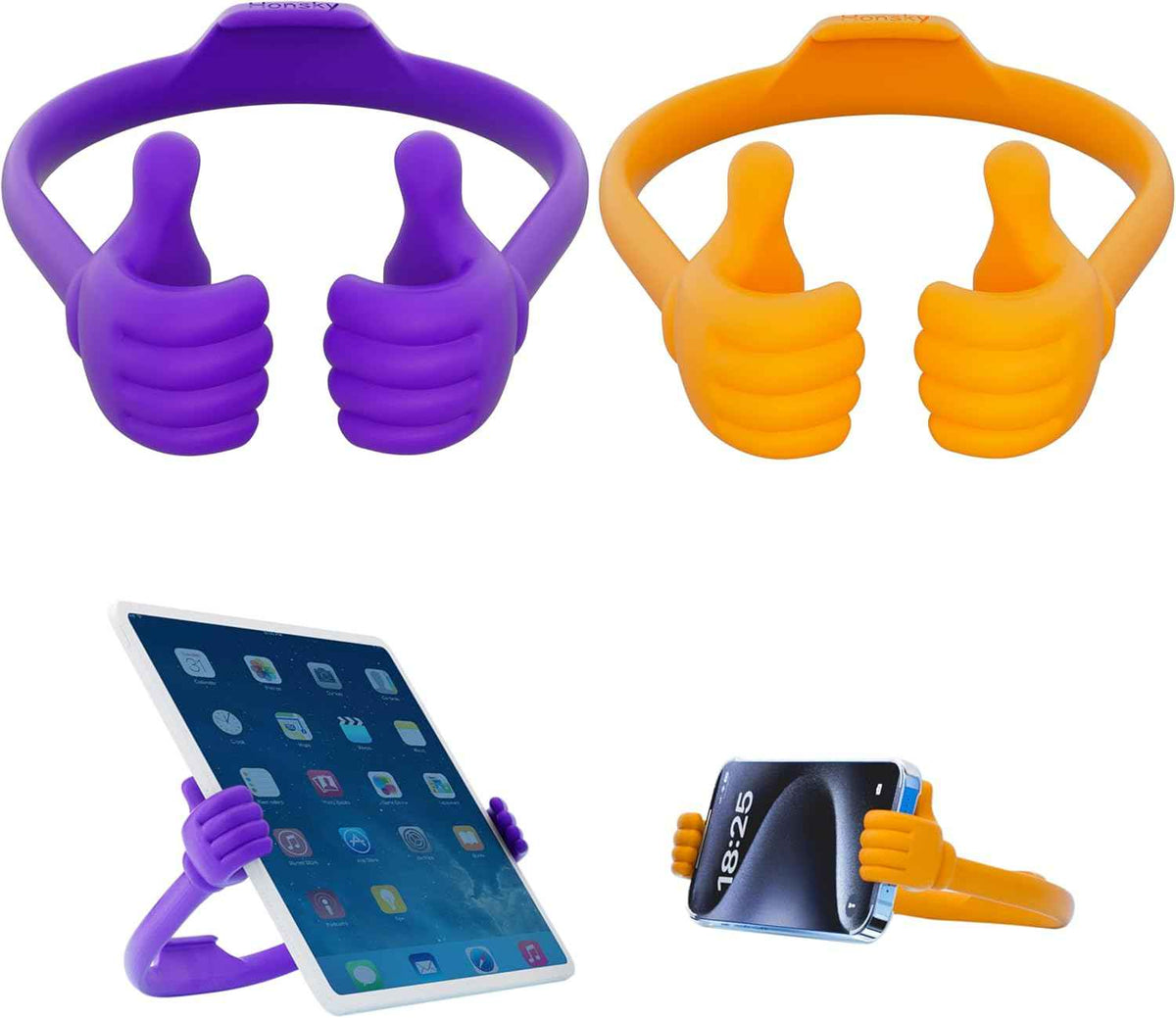 HONSKY Thumbs-Up Phone Stand for Tablets, E-Readers and Smart Phones – Green/Purple – 2 Count