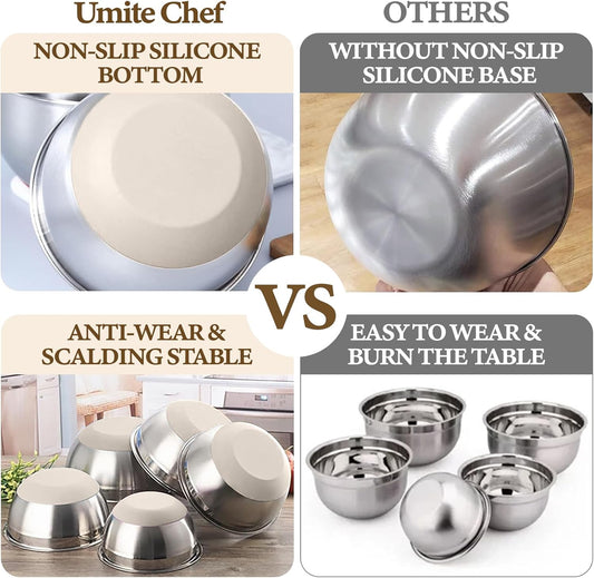 Umite Chef Mixing Bowls with Airtight Lids Set, 8PCS Stainless Steel Khaki Nesting Bowls with Grater Attachments, Kitchen Bowls with Non-Slip Bottoms, Size 5, 4, 3.5, 2, 1.5QT for Mixing & Serving